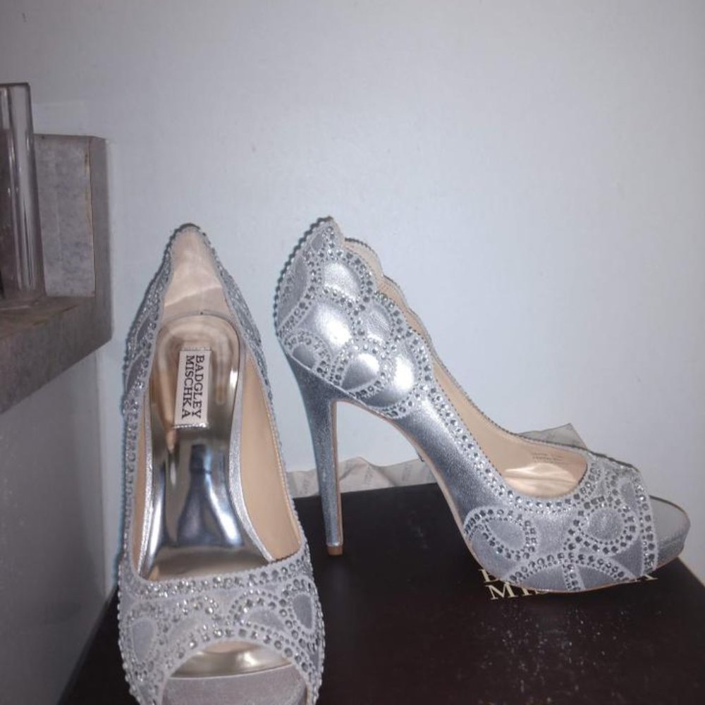 Badgley Mischka Karma Ii Embellished Shimmer-suede Pump Platforms - Picture 8 of 13